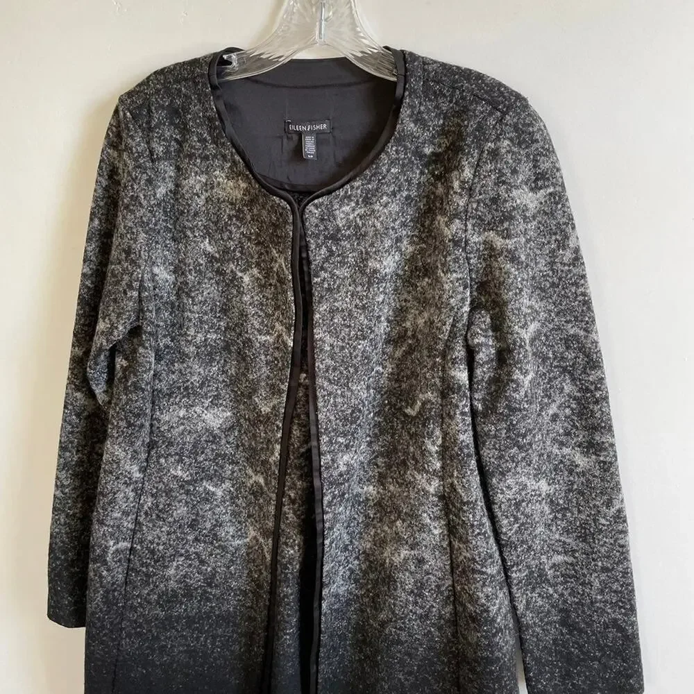Eileen Fisher Black Sprinkle Felted Wool Silk Open Front Jacket